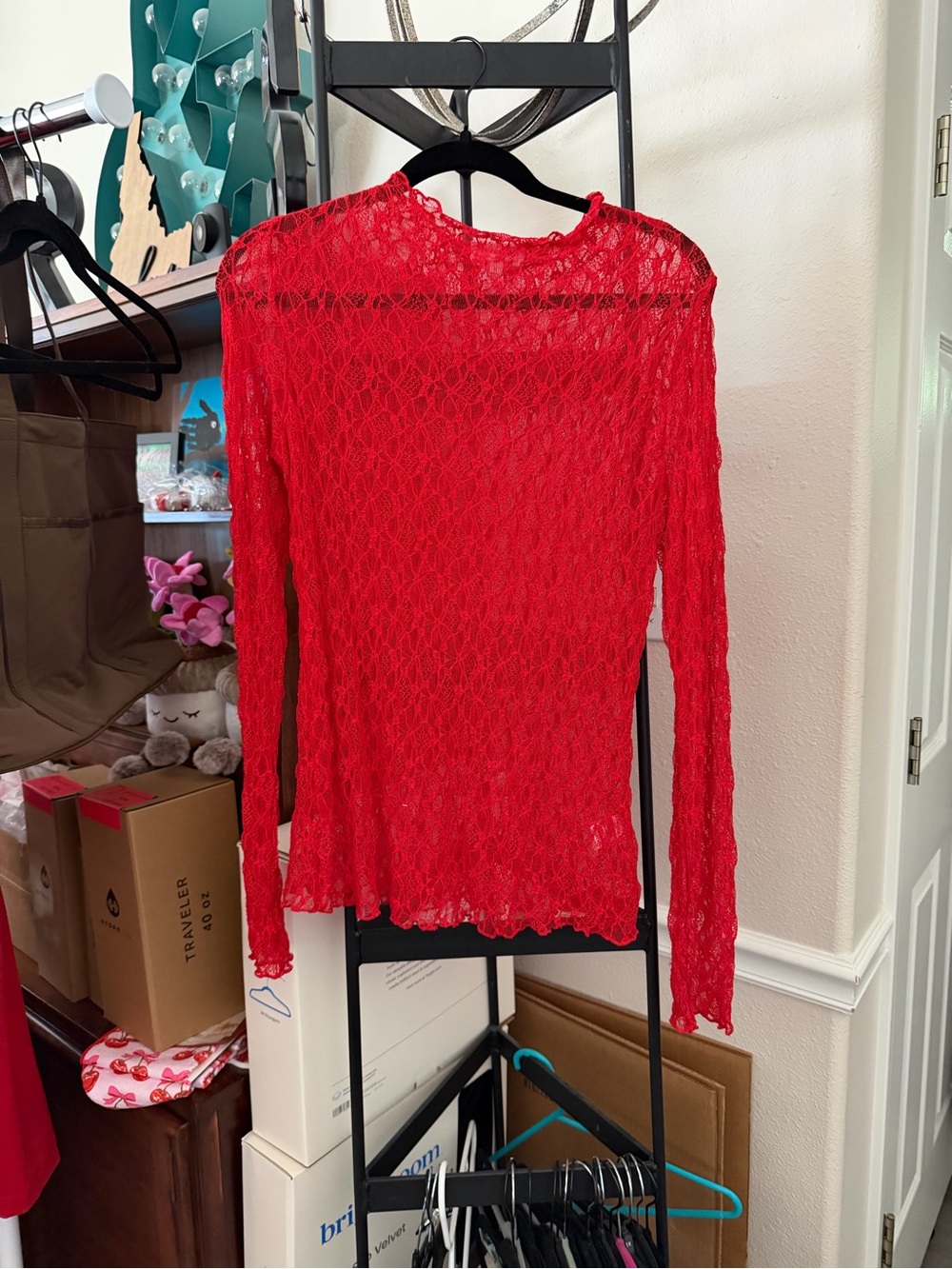 Red Lace Long-Sleeve Women's Top - Unbranded